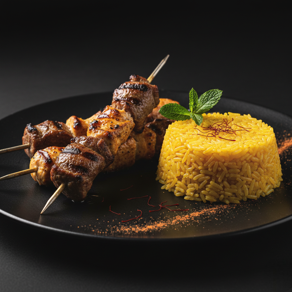 Un preparat semnătură: o farfurie întunecată cu o creație culinară libaneză autentică, decorată cu fire de șofran și prezentată cu măiestrie, reprezentând esența bucătăriei noastre.